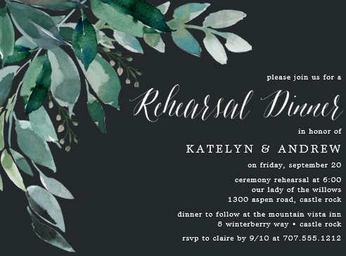 rehearsal dinner invitations, Abundant Foliage Rehearsal Dinner Invitation, black and green rehearsal dinner invitations