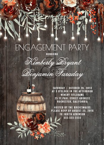 Rustic Winery Floral Lights Engagement Party Invitation