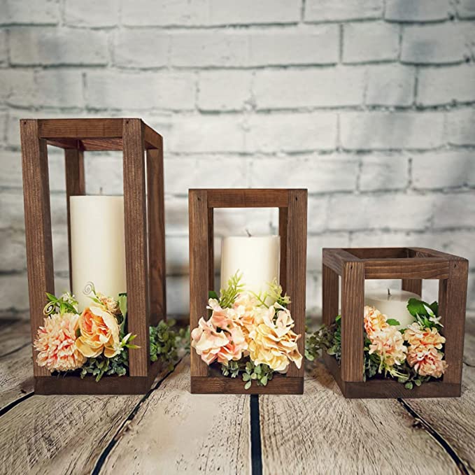 Rustic Wooden Candle and Floral Lantern