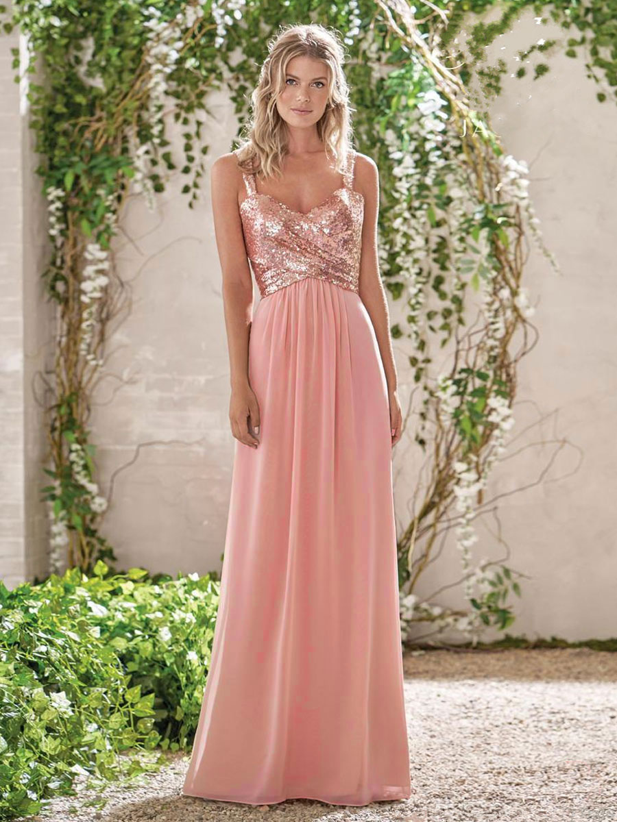 Salmon Pink A-line Halter Bridesmaid Dress with Sequins