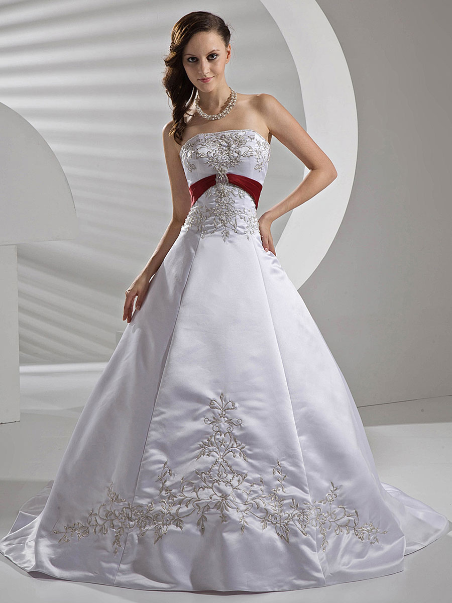 Satin A-Line Wedding Dress With Sash, Embellishments and Court Train