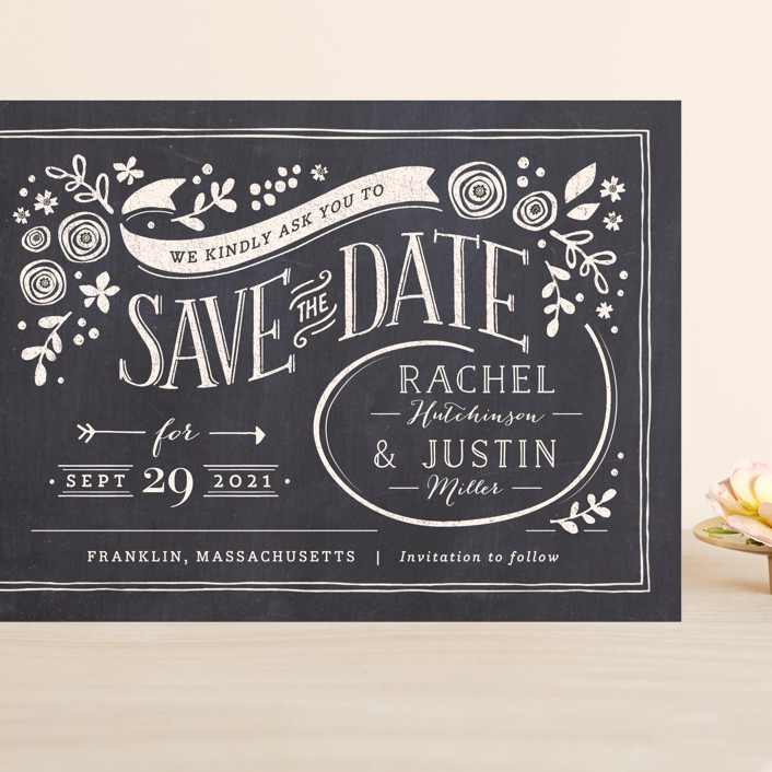 save the date, Alabaster Florals save the date, chalkboard style artistic save the date cards