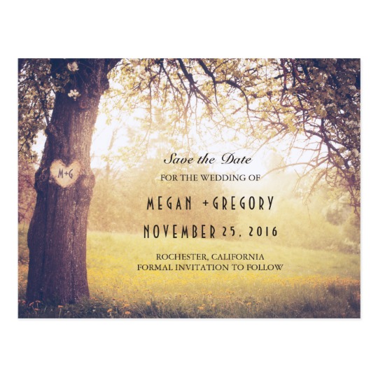Rustic Tree and Carved Heart Save the Date Postcard, Save the date