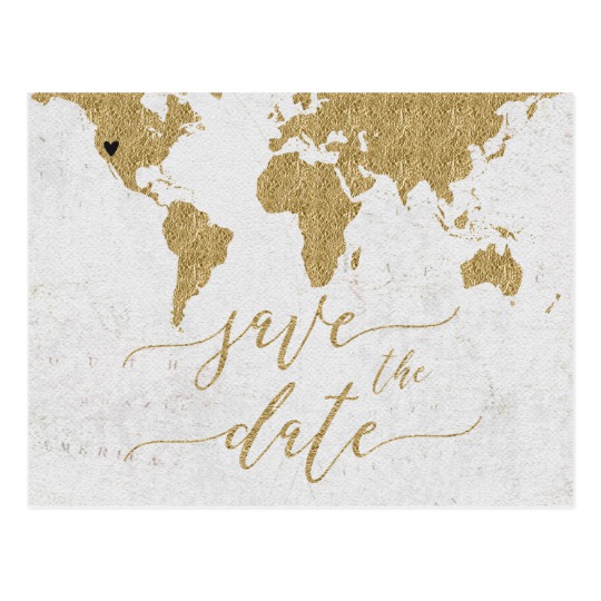 save the date destination weddings, Gold World Map Destination Wedding Save the Date Postcard