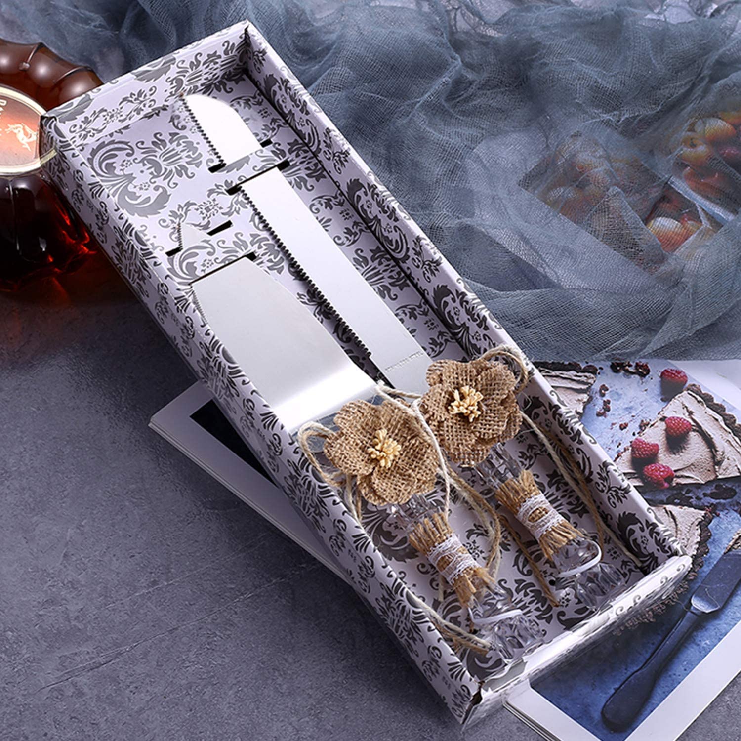 Set of 2 Rustic Wedding Cake Knife and Serving Set with Burlap Flowers and Lace