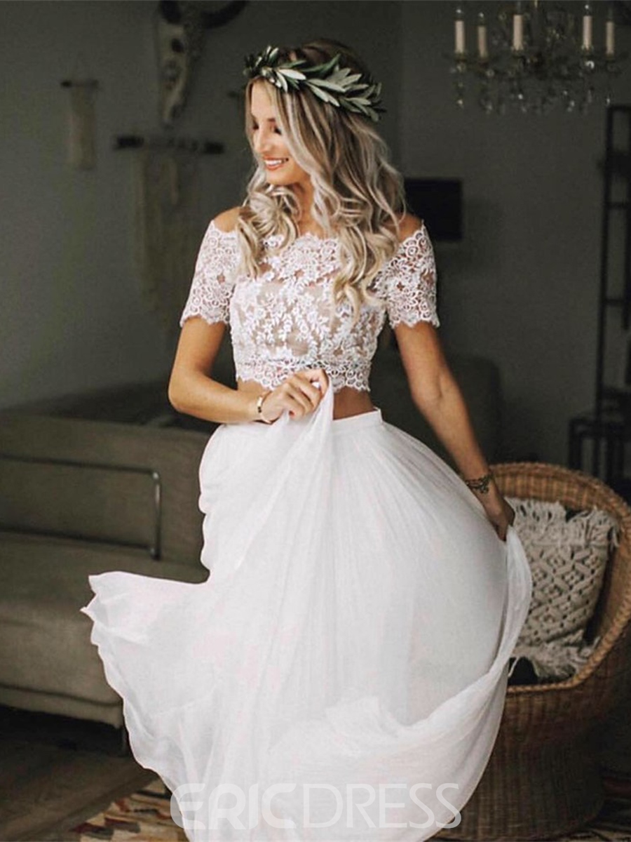 Sexy Wedding Dresses, 2 piece wedding gown, 2 Pieces Button Appliques Beach Wedding Dress