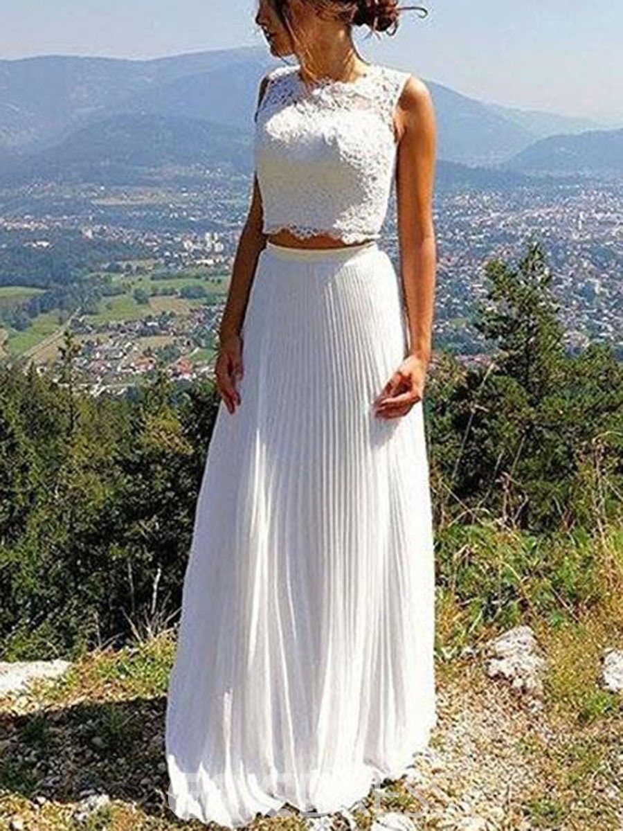 sexy wedding dresses, 2 piece wedding gowns, 2 Pieces Pleats Lace Beach Wedding Dress
