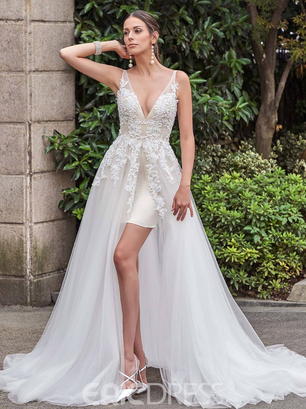Sexy wedding dresses, v neck beach wedding gown, V Neck Appliques Beach Wedding Dress