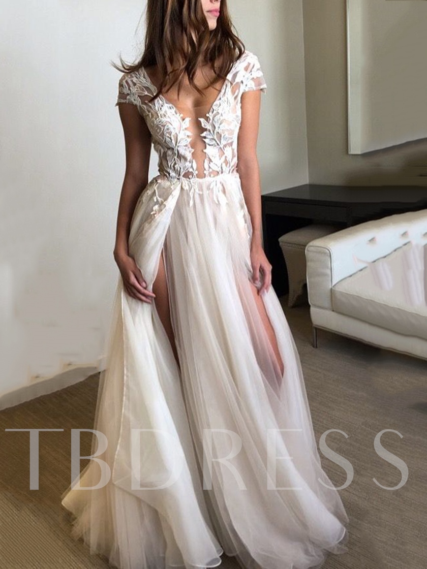 sexy wedding dresses, v neck wedding gown, Cap Sleeves Appliques Split-Front Beach Wedding Dress
