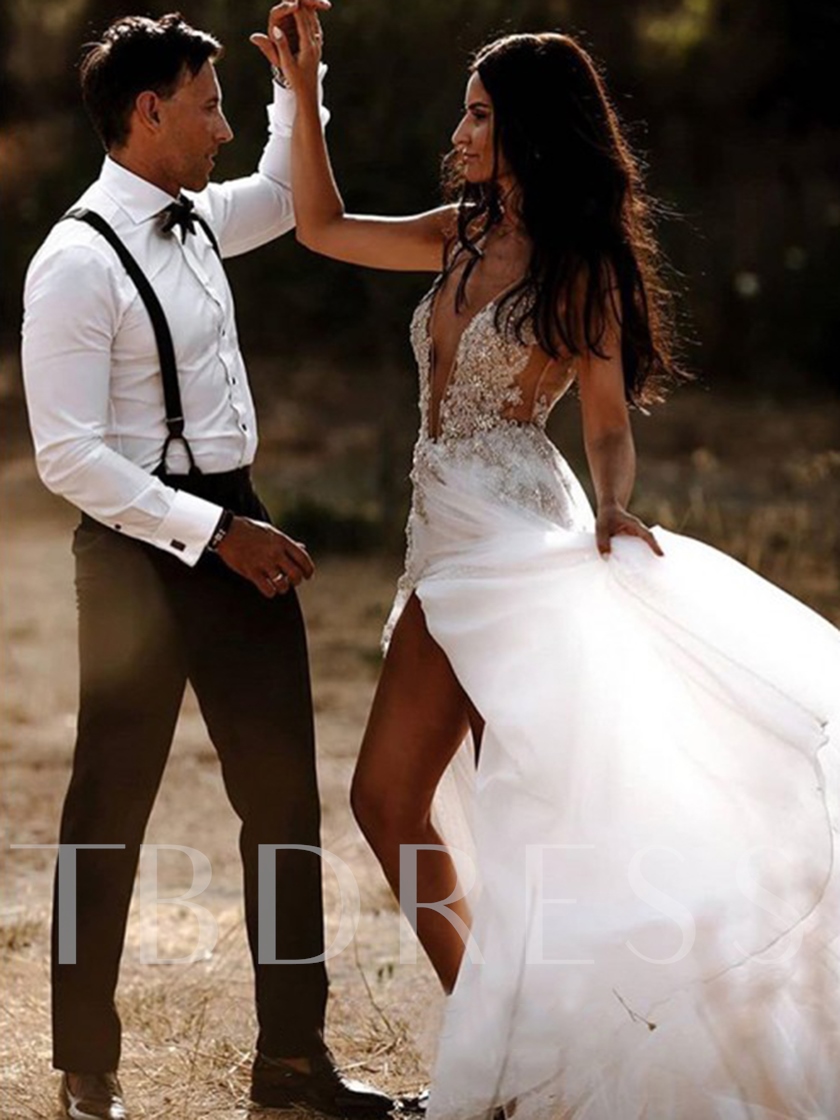 sexy wedding dresses, sleeveless v neck wedding gown, A-Line Sleeveless Floor-Length V-Neck Wedding Dress for Garden Outdoor