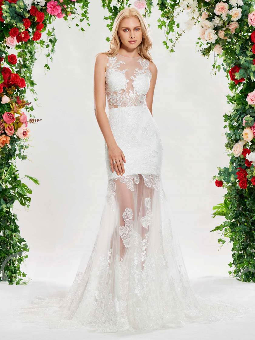 sheer neck and skirt modern beach mermaid wedding dress