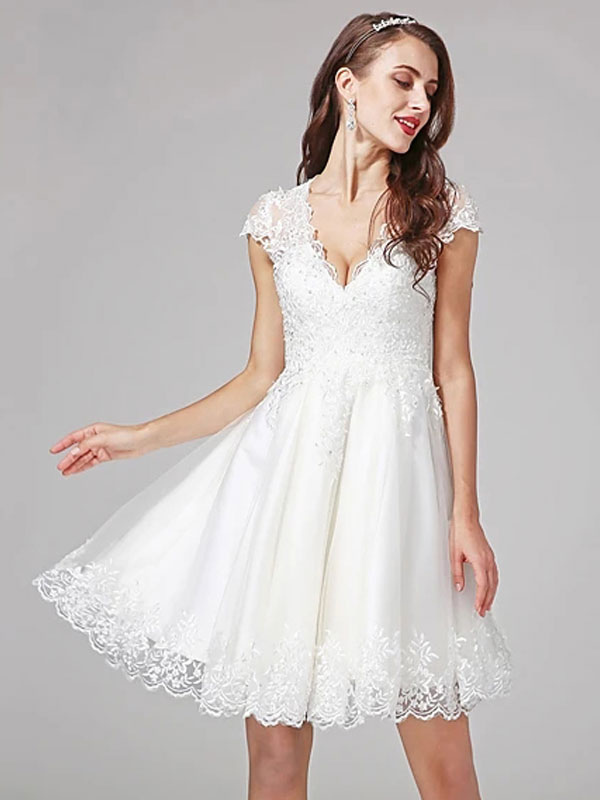 Short A-line Lace and Tulle V-Neck Wedding Dress