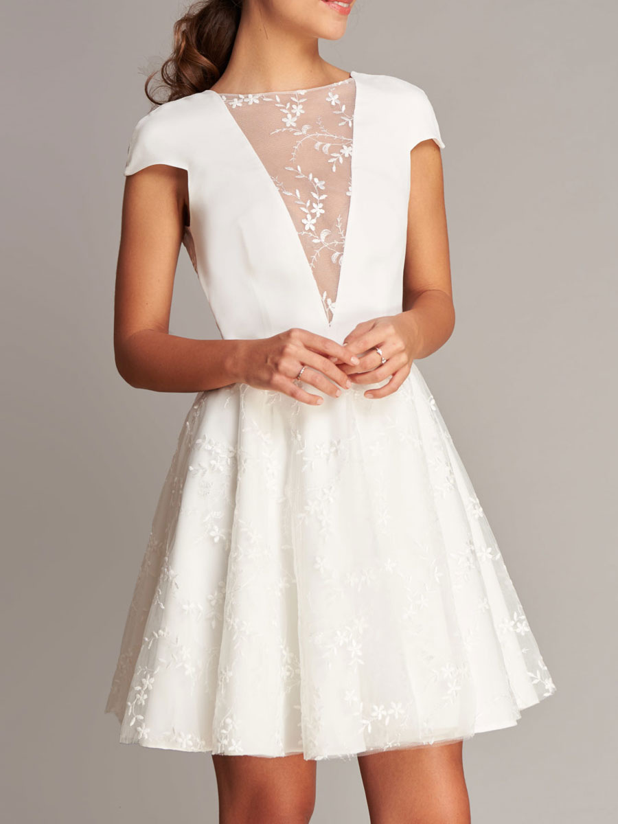 Short Ivory Backless A-Line Wedding Dress With Lace Embellishments