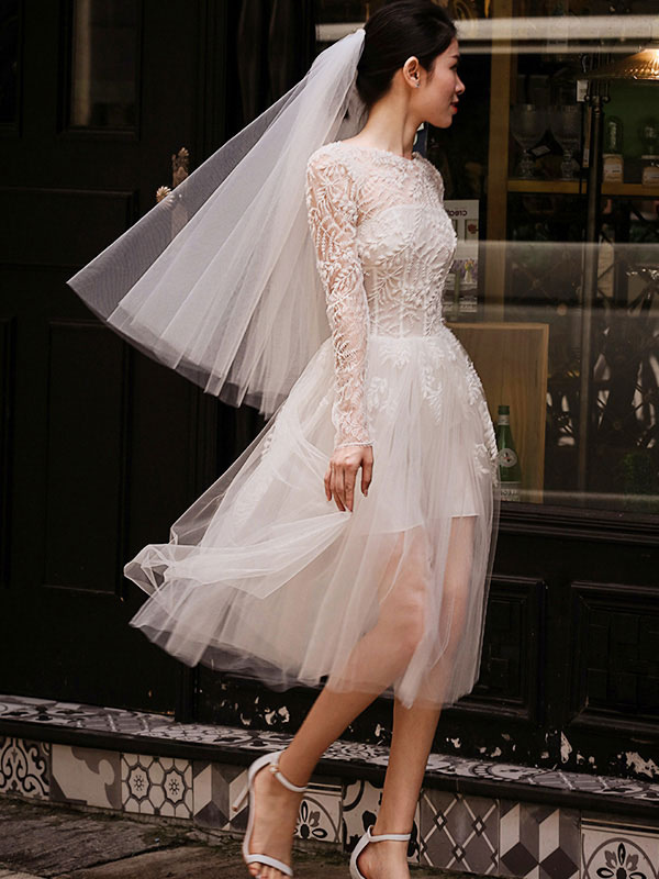 Short Lace Illusion Wedding Gown