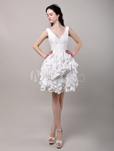 short wedding dresses, short bridal gowns with ruffles, Deep V-Neckline Ivory Taffeta Ruffle Short Wedding Dress