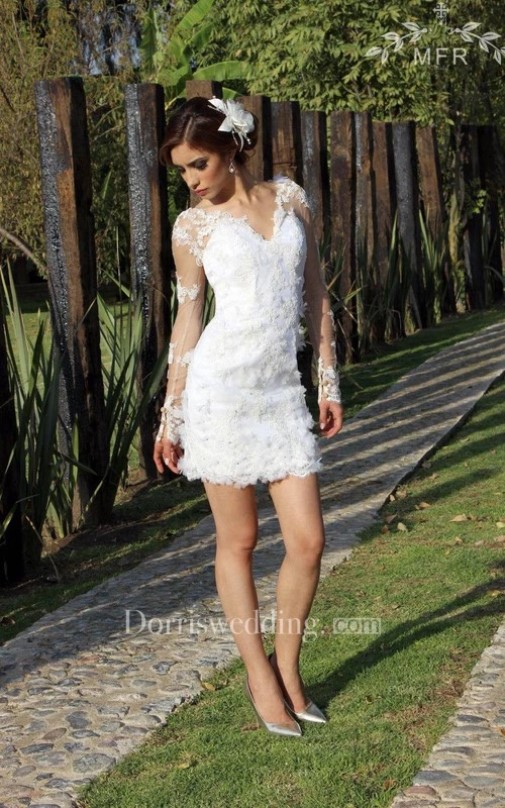 short wedding dresses, mini wedding gown, Mini Lace Organza Satin Dress With Flower Embroideries