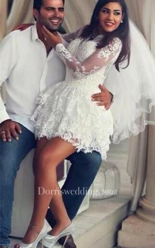 short wedding dresses, long sleeved short wedding gown, Delicate Lace Appliques Short White long Sleeved Wedding Dress