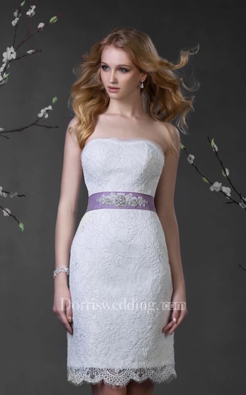 short wedding dresses, short wedding gowns, Pencil Short Strapless Sleeveless Lace-Up Lace Dress With Waist Jewellery