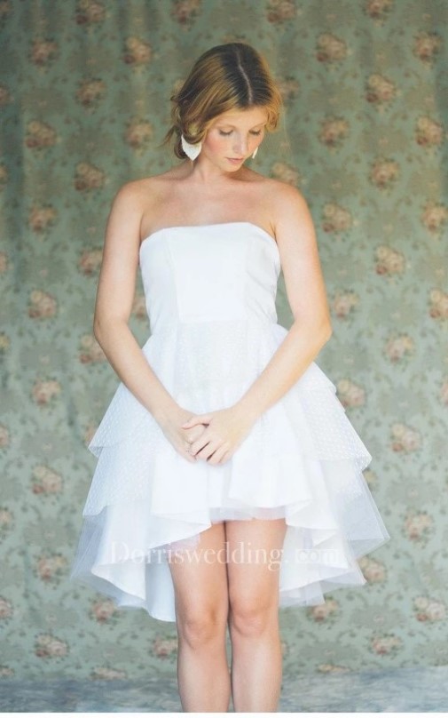 short wedding dresses, short wedding gowns, Simple Tiered Tulle High-Low Strapless A-Line Dress With Ruffles