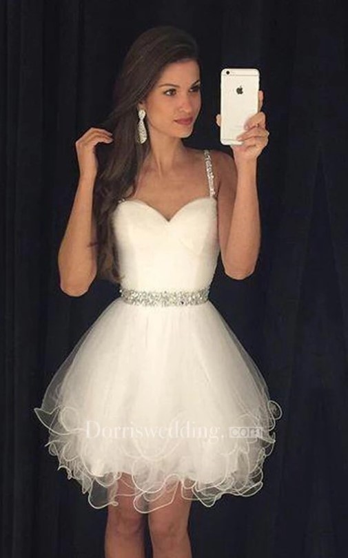 Short Wedding Dresses, Short wedding gowns, Sweetheart Beaded Spaghetti Straps Short Organza Dress