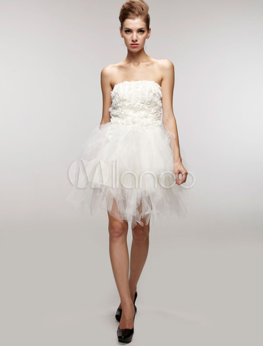 short white informal wedding dress, short wedding dresses, White Gauze Strapless Mini Wedding Dress