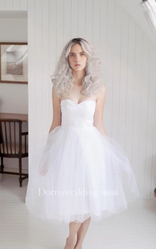 Short White Informal Wedding Dress, short wedding dresses, Tea Length Tulle Sweetheart Sleeveless Dress With Pleats