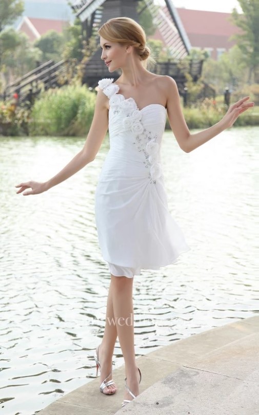 short white informal wedding dress, One-Shoulder Chiffon Short Dress With Floral Strap, short wedding dresses