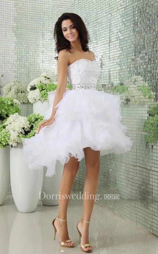 short white informal wedding dress, Strapless Tiers Short Dress With Ruffles And Beadings, short wedding dresses