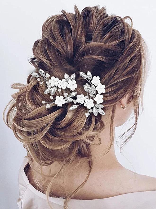 Silver and White Crystal and Floral Bridal Hairpins