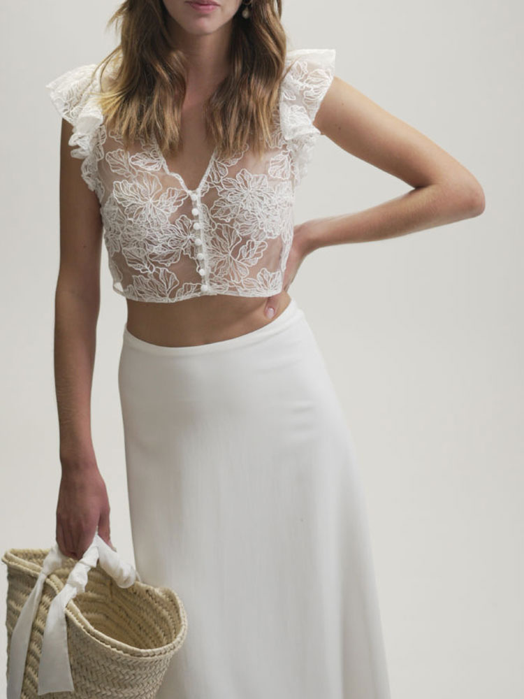 Simple Ivory Two-Piece Wedding Dress With Buttons and Lace