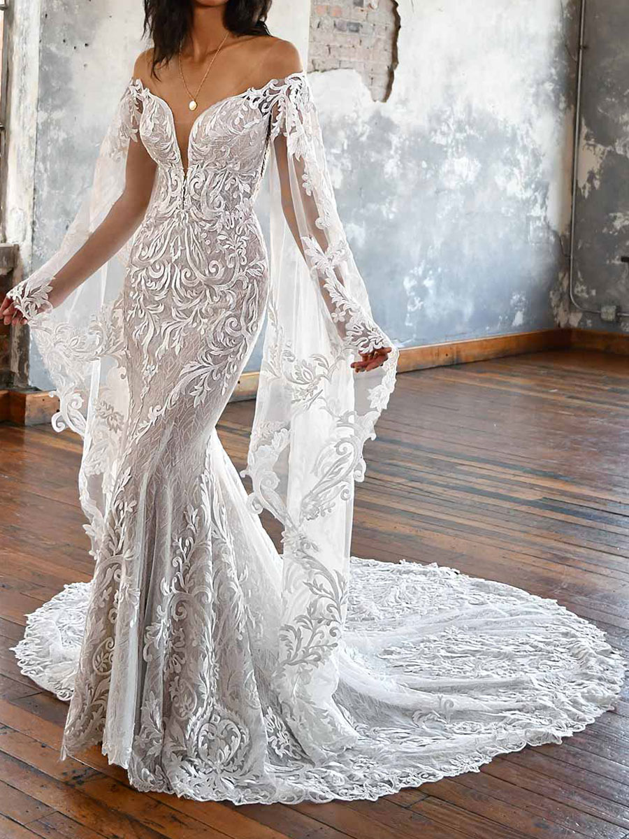 Simple White Lace V-Neck Mermaid Wedding Dress with Train