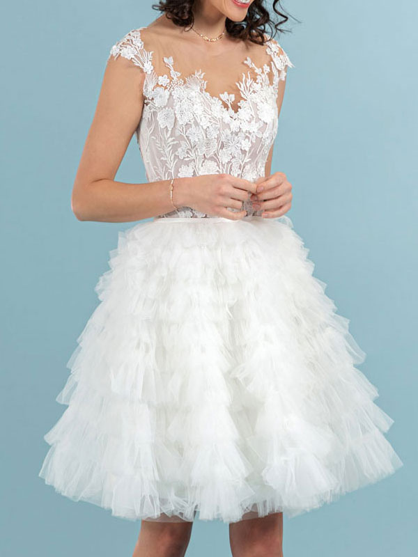 Sleeveless Backless V-Neck Short Wedding Dress With Ruffles and Lace Accents