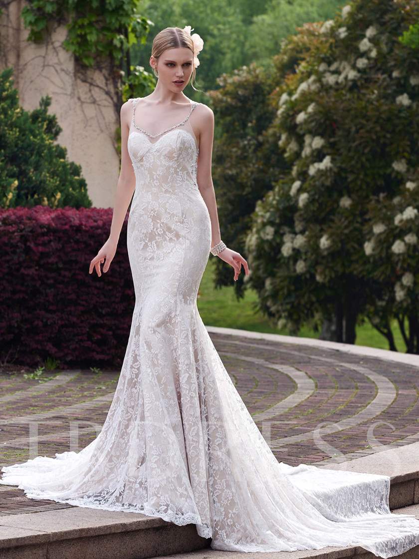 Spaghetti Strap Beading Mermaid Lace Wedding Dress, mermaid wedding gown, mermaid wedding dress, lace wedding gown, lace wedding dress