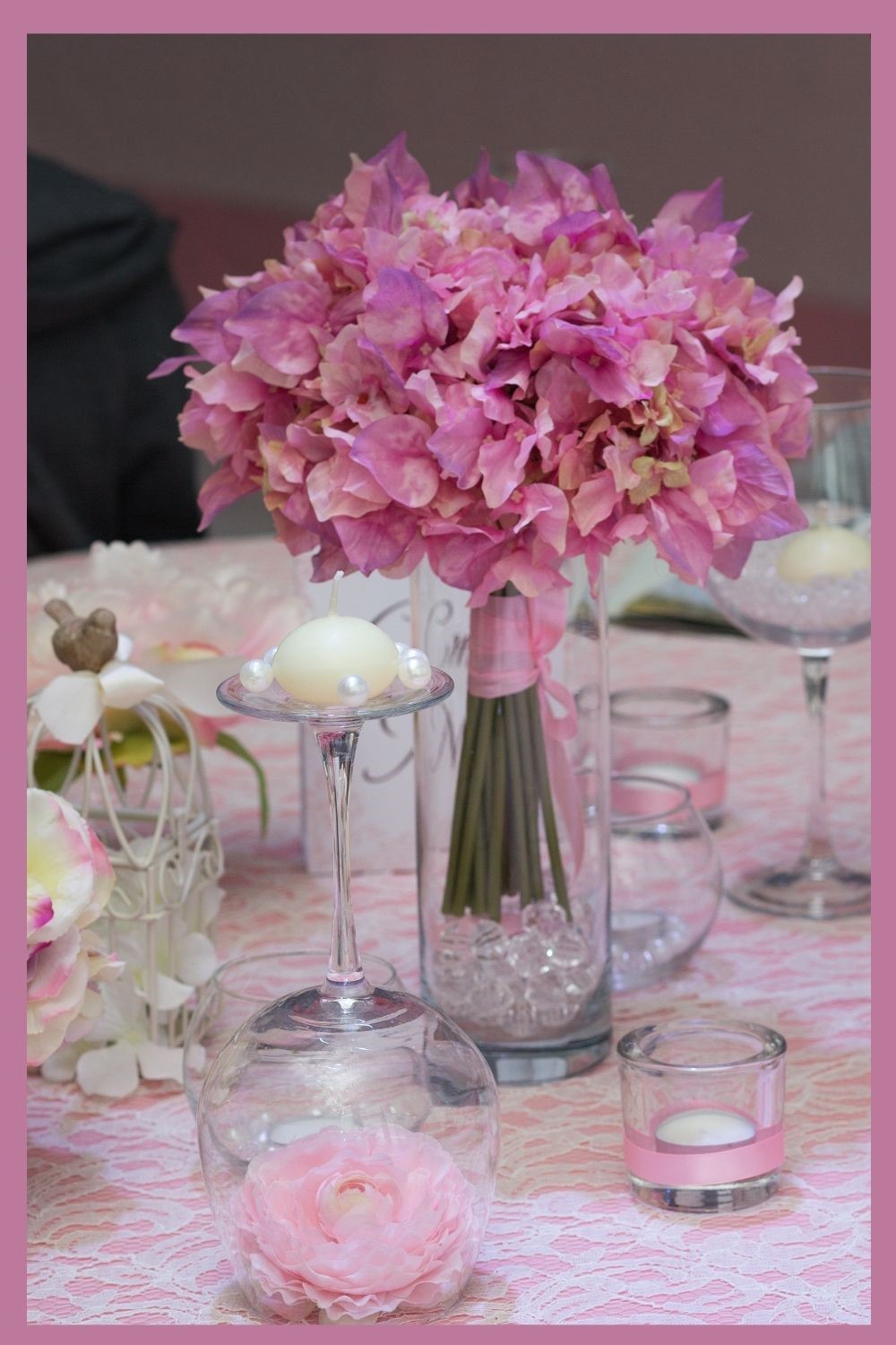 small wedding ideas, pink wedding centerpieces, creative wedding centerpieces, floral and candle wedding centerpiece