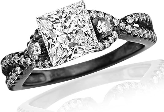 14K White Gold 3 Carat LAB GROWN DIAMOND 14K Black Gold 3 Stone Split Shank Princess Cut Diamond Engagement Ring