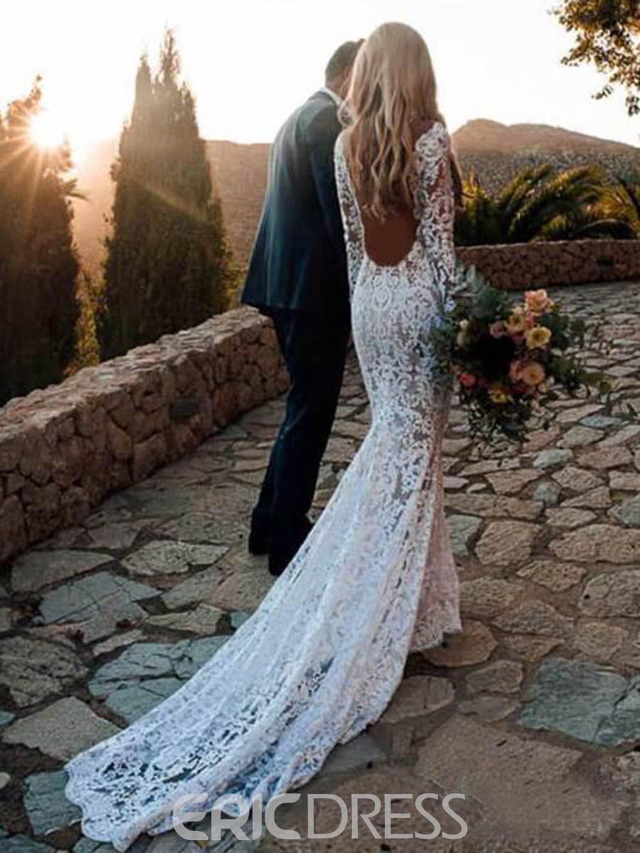 spring wedding dresses, spring wedding gowns, Backless Lace Long Sleeves Wedding Dress