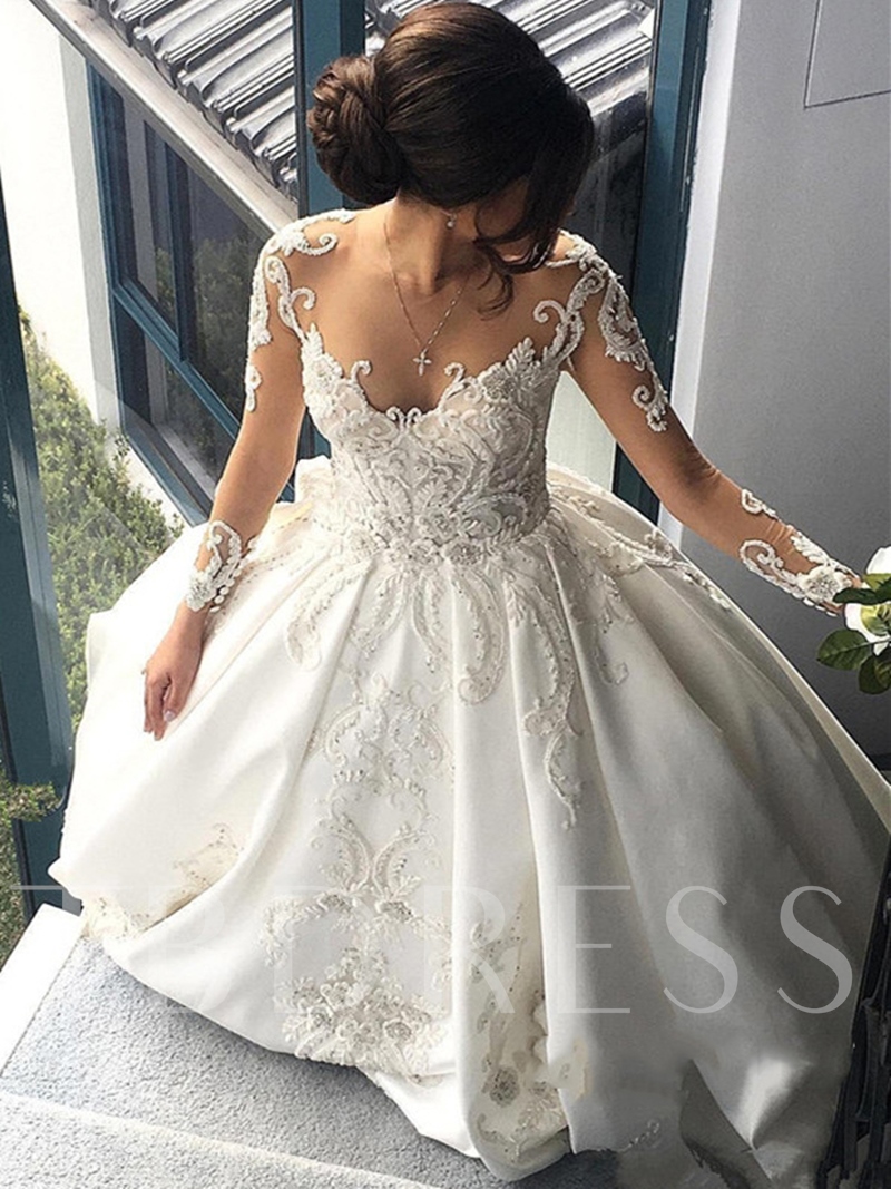 spring wedding dresses, spring wedding gowns, Ball Gown Beaded Appliques Long Sleeve Wedding Dress