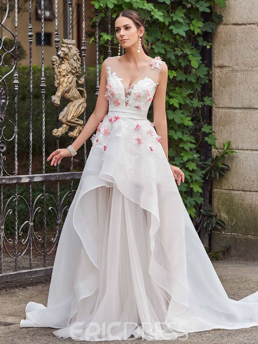 spring wedding dresses, floral wedding dresses, Floral Appliques Tiered Garden Wedding Dress
