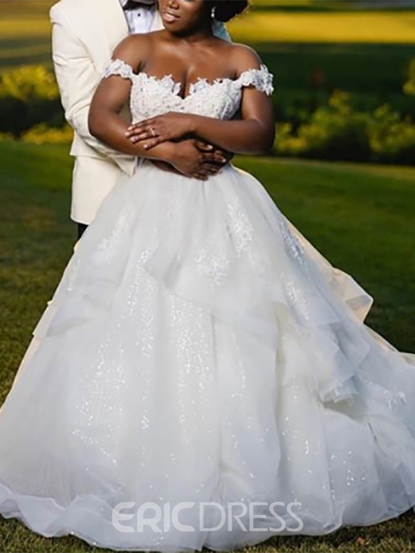 Spring Wedding Dresses, Flowing Bridal Gown, Appliques Short Sleeves Floor-Length Ball Gown Church Wedding Dress