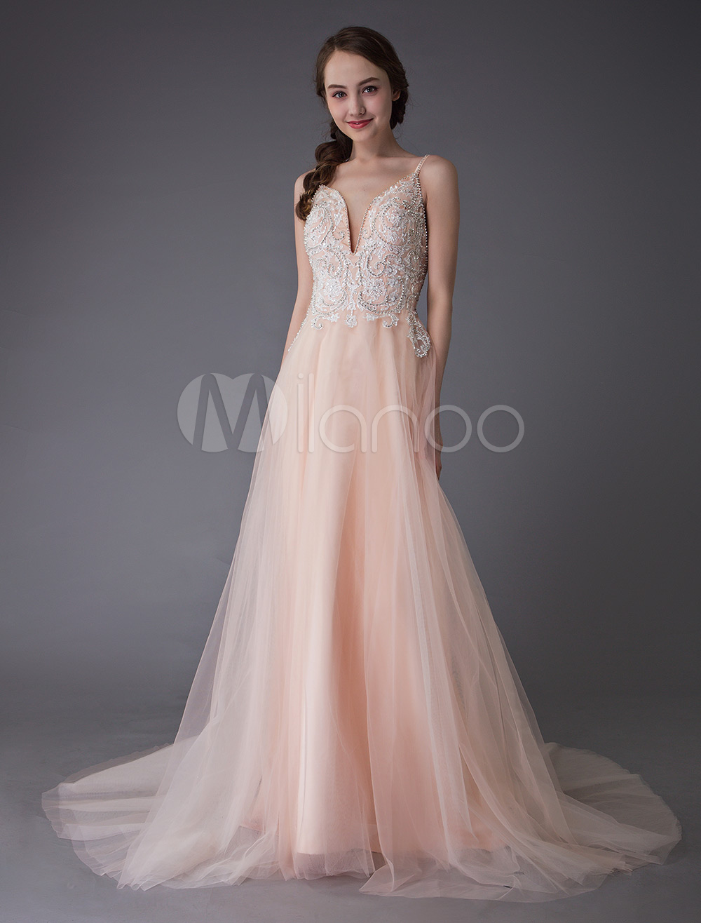 Spring Wedding Dresses, pink wedding dresses, Soft Pink Wedding Dresses Tulle Colored Bridal Dress Straps V Neck A Line Wedding Dress