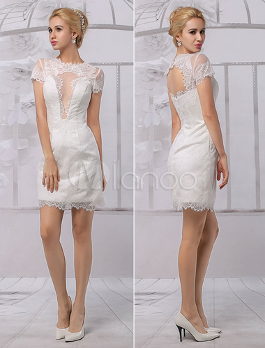 Spring wedding dresses, short wedding dresses, Short Lace Illusion Neckline Back Keyhole Wedding Dress With Short Sleeves