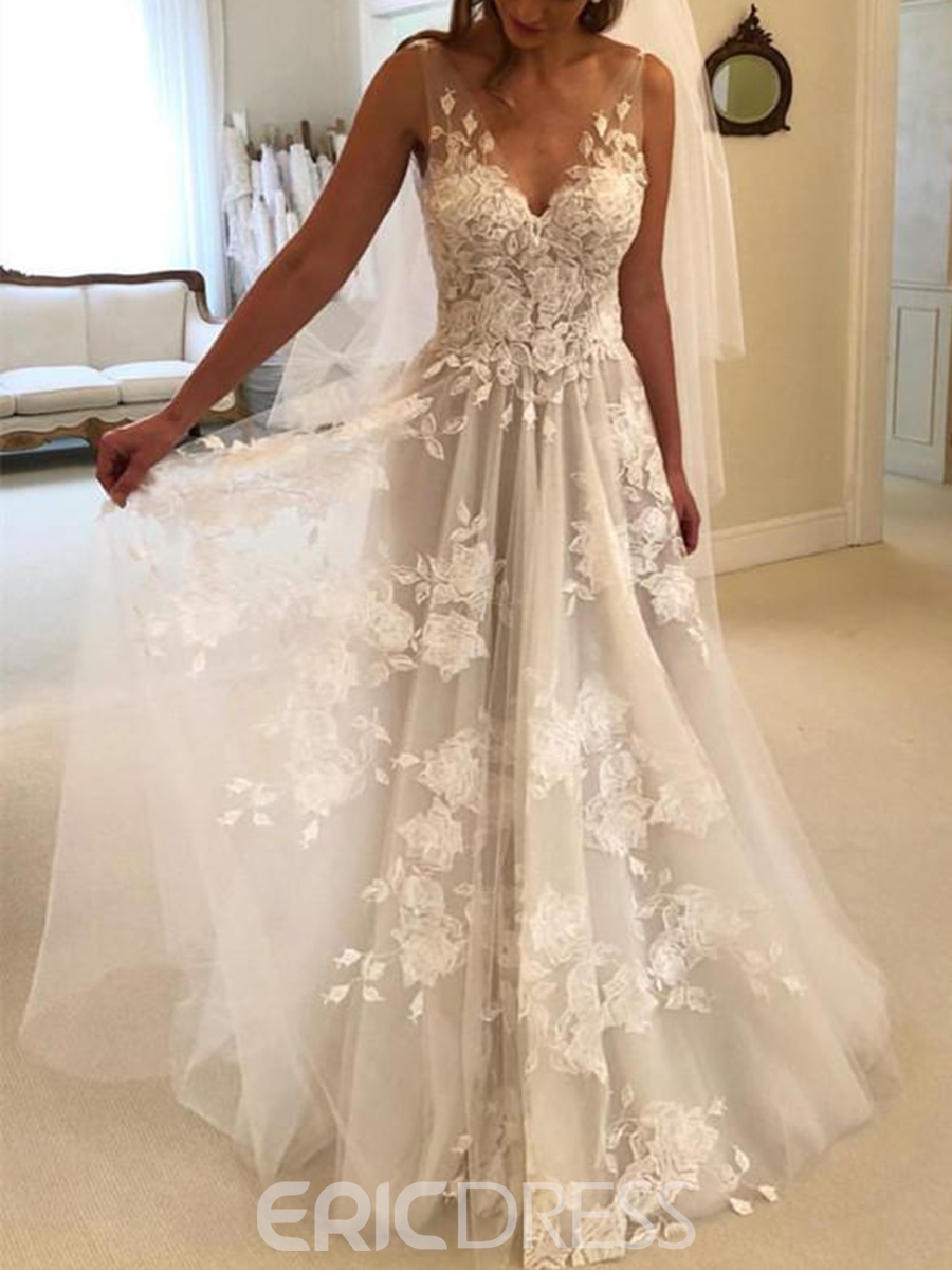 spring wedding dresses, spring wedding gown,  Appliques V-Neck Beach Wedding Dress