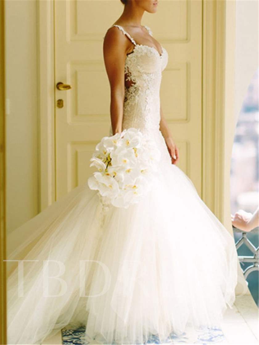 spring wedding themes, spring wedding ideas, spring weddings, Spaghetti Strap Appliques Sheer Back Wedding Dress