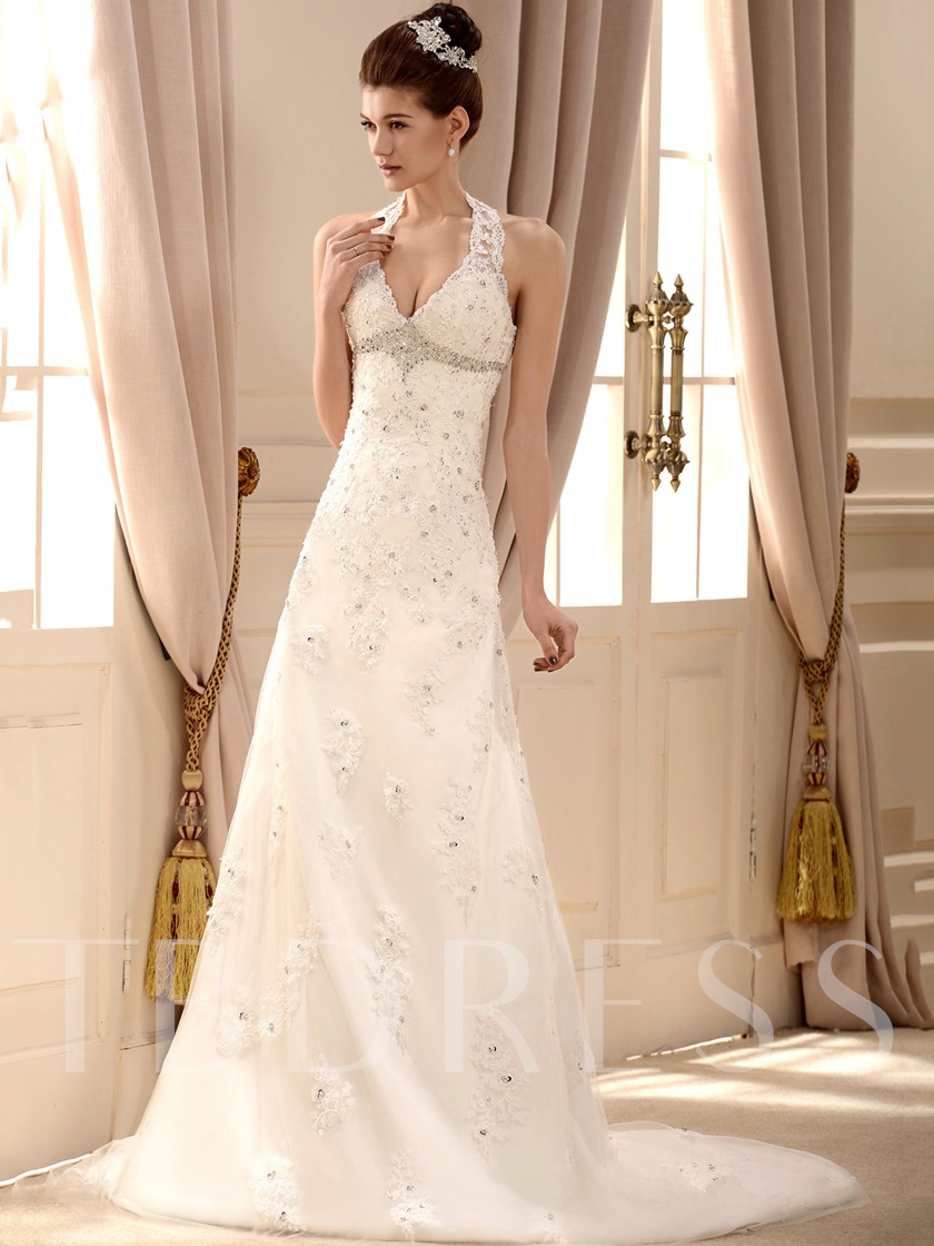 Spring wedding themes, spring wedding ideas, Halter Appliques Beading Wedding Dress