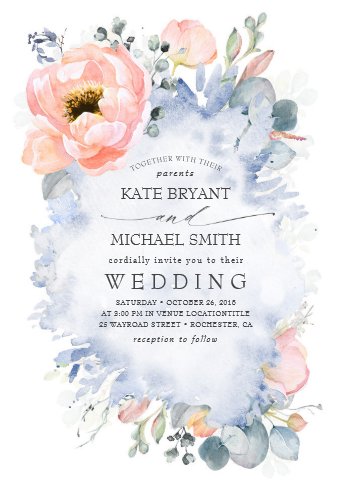 spring wedding themes, spring wedding invitations, spring wedding stationery, Botanical Peach Flowers Dusty Blue Wedding Invitation