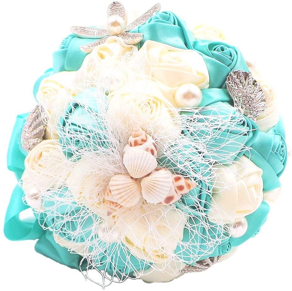 Turquoise Beach Wedding Bridal Bouquet with Pearl Seashell and Rhinestone Decoration