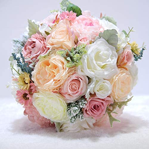 10 inches Bridal Bouquet Blooming Rose Peony Bouquet with pink, white, yellow and champagne flowers