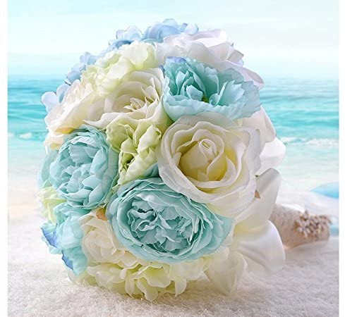 Tropical Beach Wedding Bouquet With Blue and Ivory Wedding Flowers