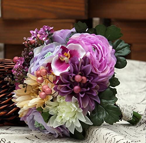 elegant and romantic purple, yellow and green wedding bouquet