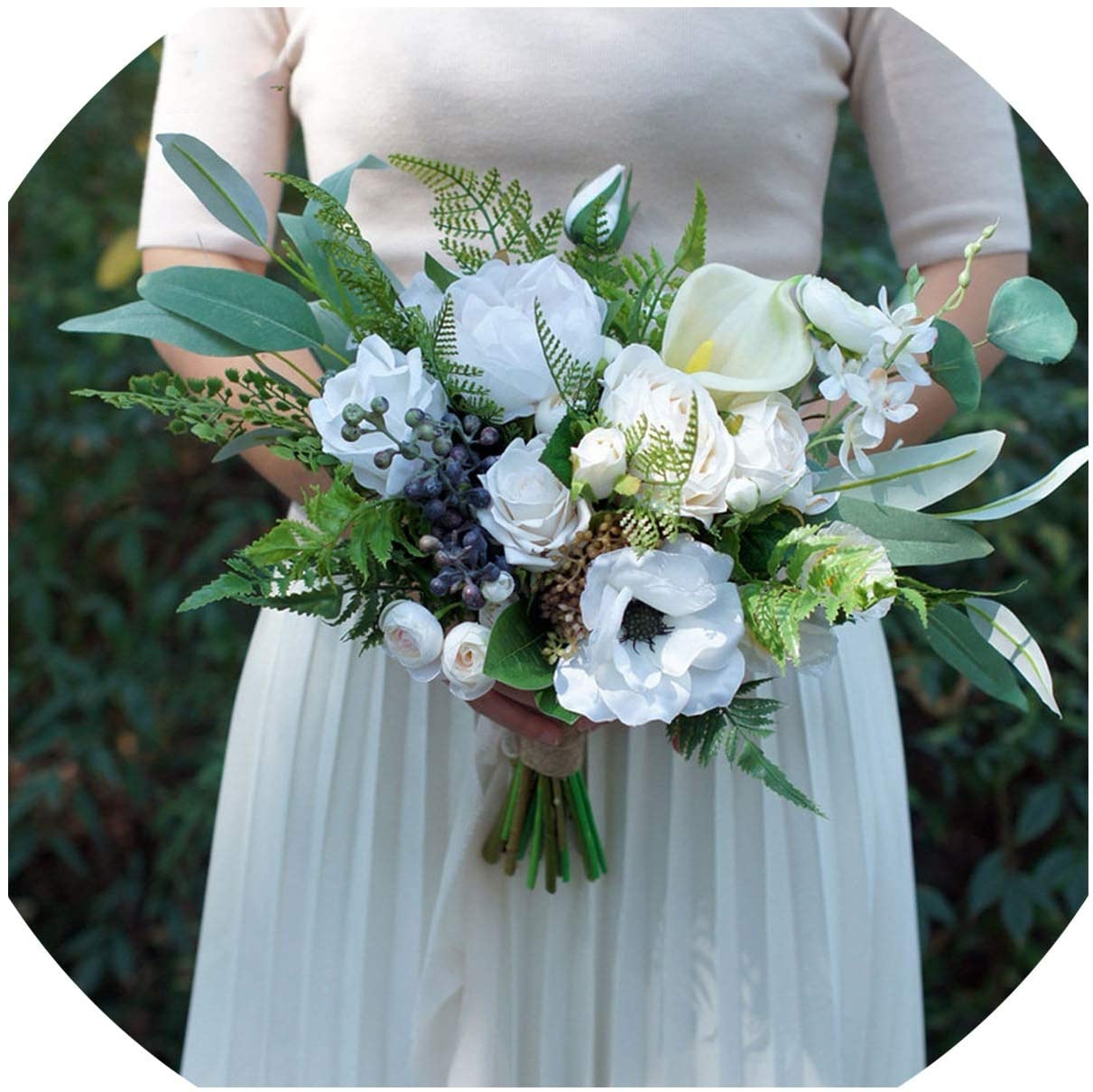 Gorgeous White and Green Summer Wedding Bouquets with artificial roses and calla lilies